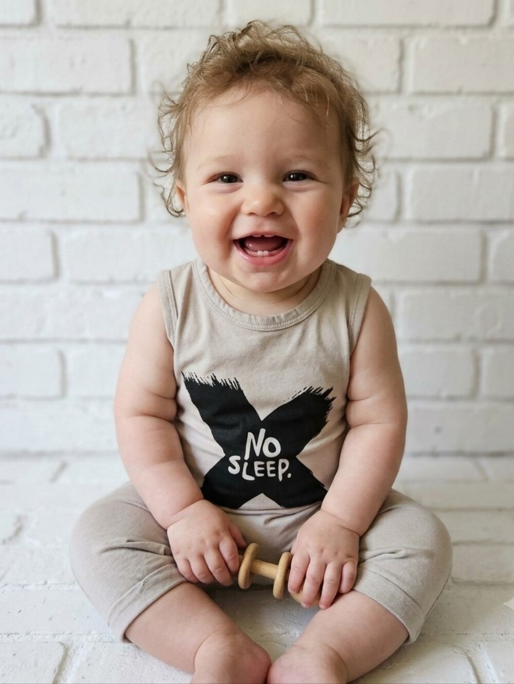 Kids "No Sleep" Graphic Romper Boy Girl Neutral Beige Sunsuit Bodysuit 6-9M